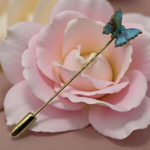 Monarch Butterfly Stick Pin Lapel Hat Brooch Blue Enamel Gold Tone Vintage